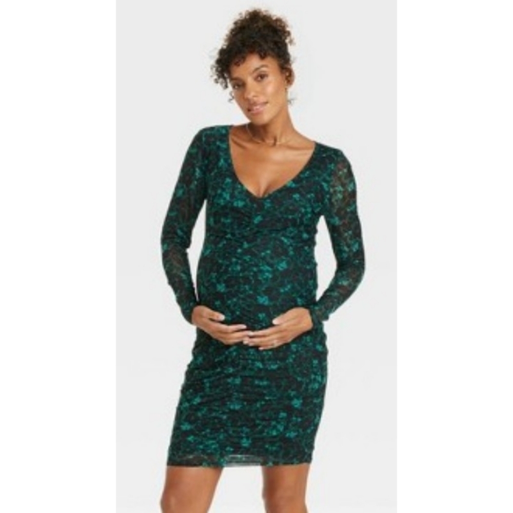 Isabel Maternity Long Sleeve Mesh Mini Dress Green Size XXL